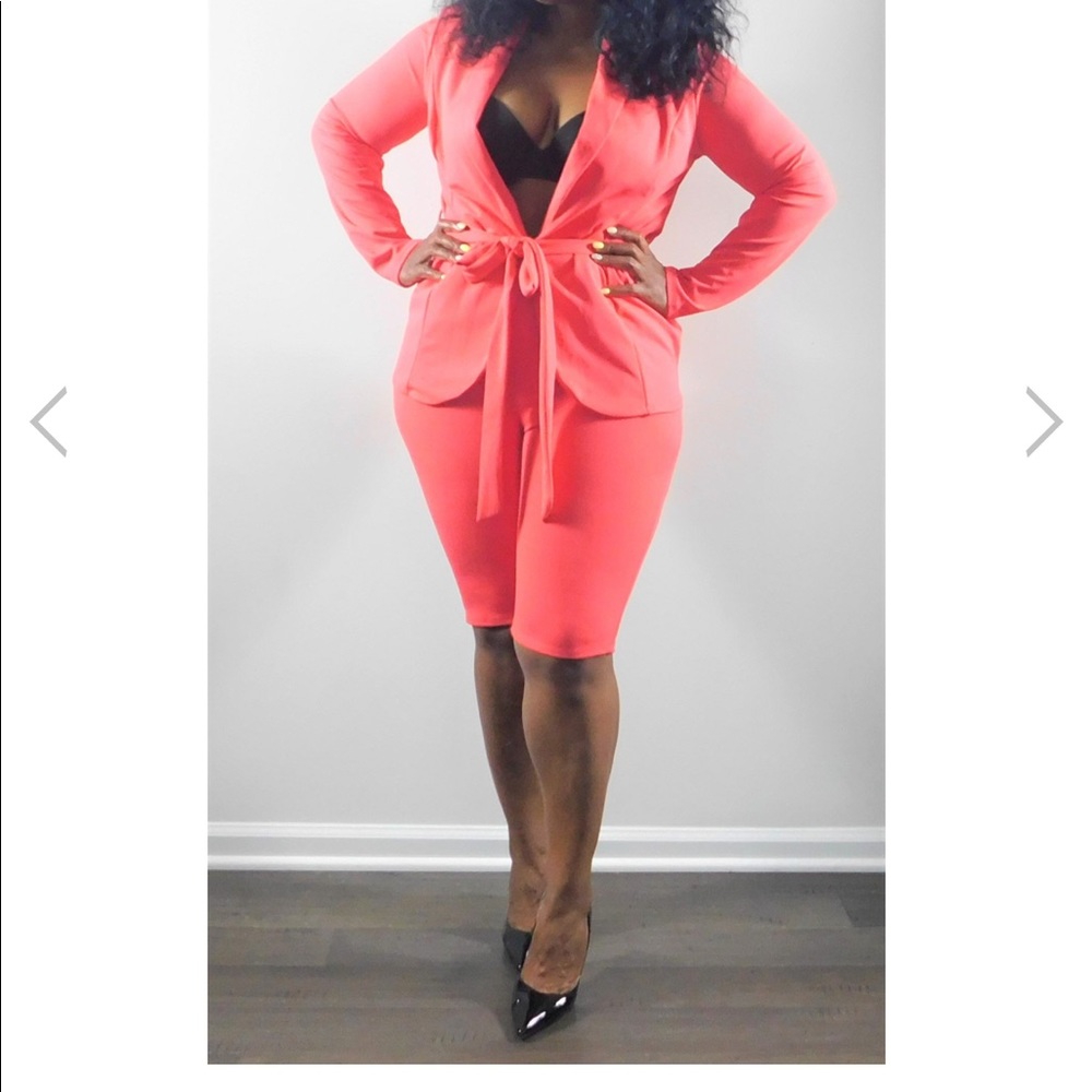 Two piece coral biker short, blazer set.